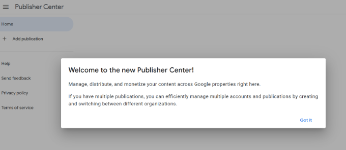 Google 发布者中心的欢迎通知 Google Publisher Center welcome popup