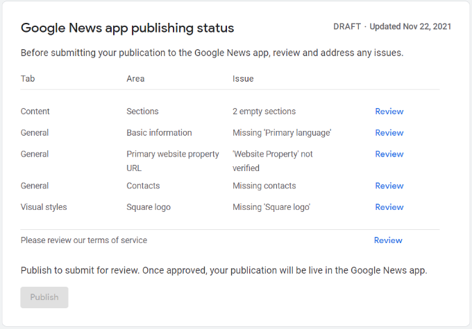 查看您的 Google 新闻出版物 review your publication