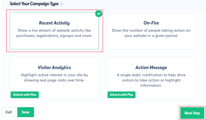 라이브 세일 캠페인 유형 Select the 'Recent Activity' Option