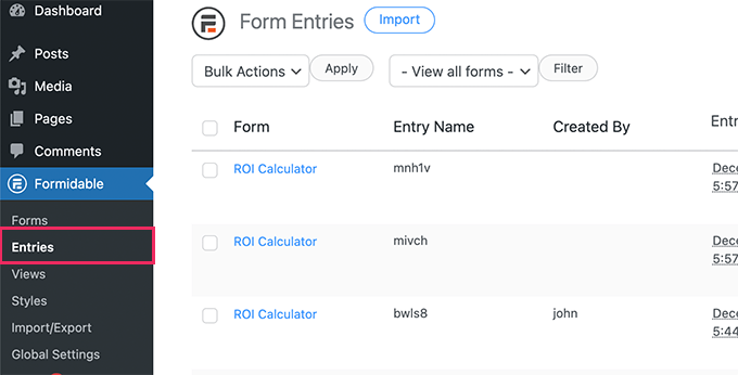 Ver entradas de formulario de calculadora View calculator form entries