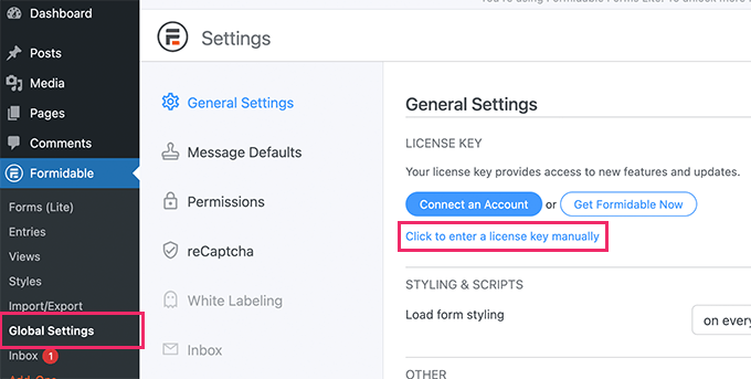 Ingrese la clave de licencia de Formidable Forms Enter Formidable Forms license key
