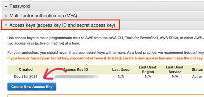 Generar nuevas claves de acceso Generate new access keys