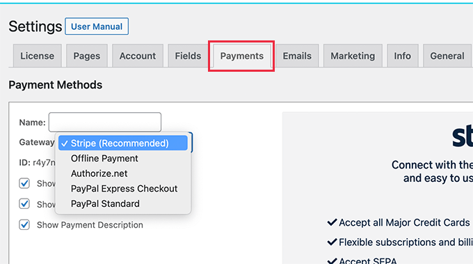 Configurar método de pago Setup payments method