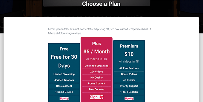 Ejemplo de página de precios Pricing page example