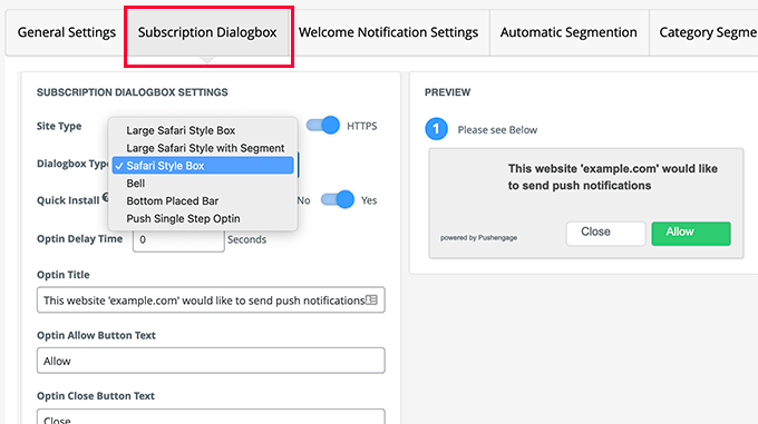 Настройки диалогового окна PushEngage PushEngage dialog box settings
