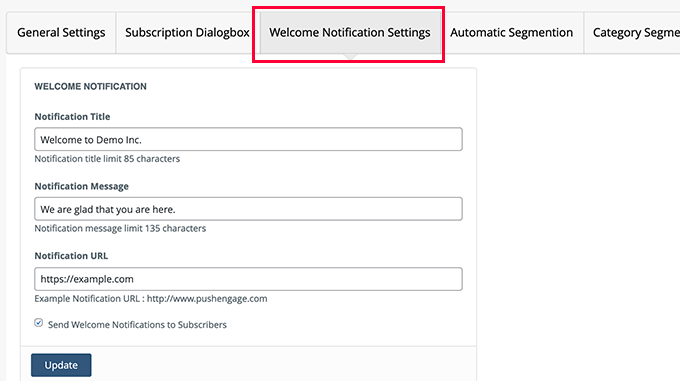 Настройки приветственных уведомлений Welcome notification settings