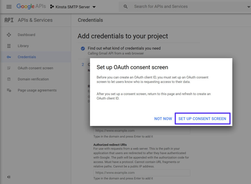 المطالبة بإنشاء شاشة موافقة OAuth