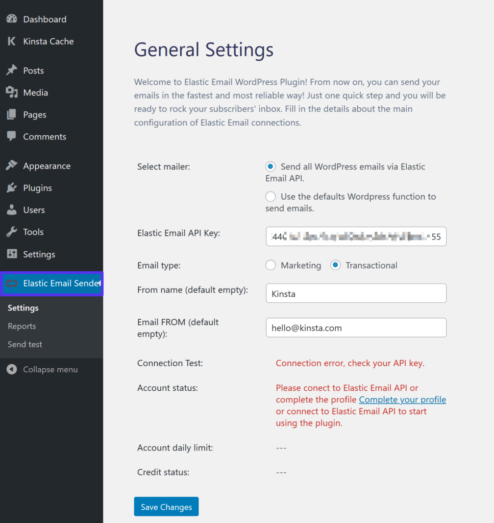 أضف مفتاح Elastic Email API إلى البرنامج المساعد WordPress