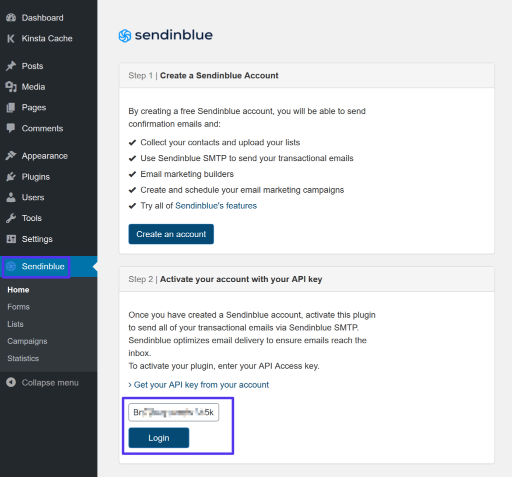 خادم smtp مجاني: أضف مفتاح API إلى إعدادات البرنامج المساعد Sendinblue