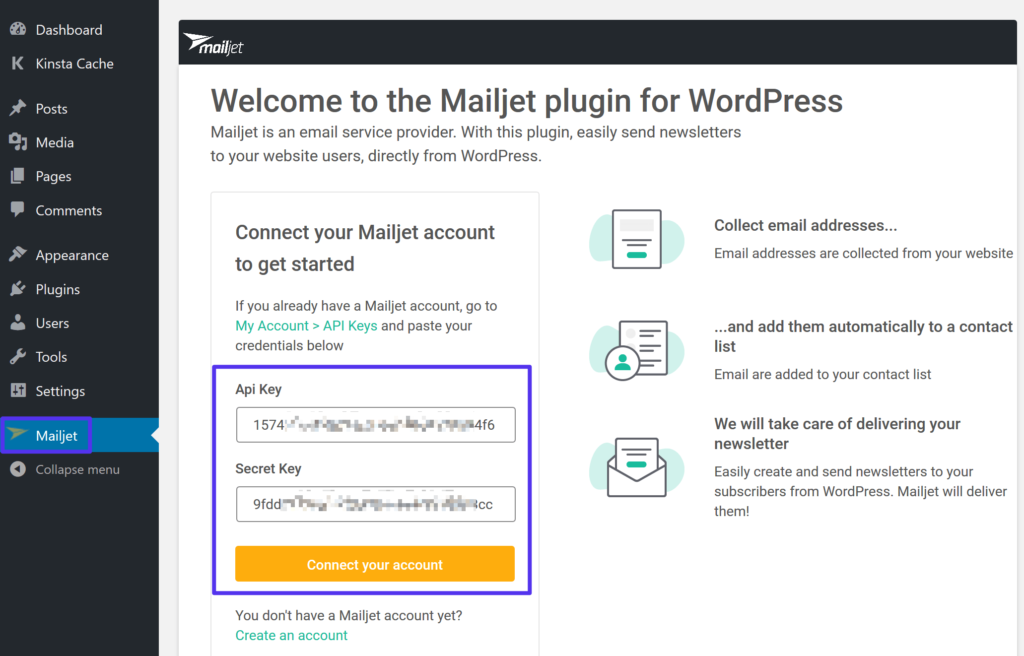 أضف مفاتيح Mailjet API إلى إعدادات البرنامج المساعد