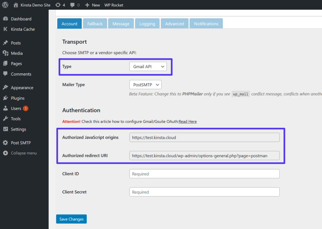 خادم smtp مجاني: اختر خيار Gmail API