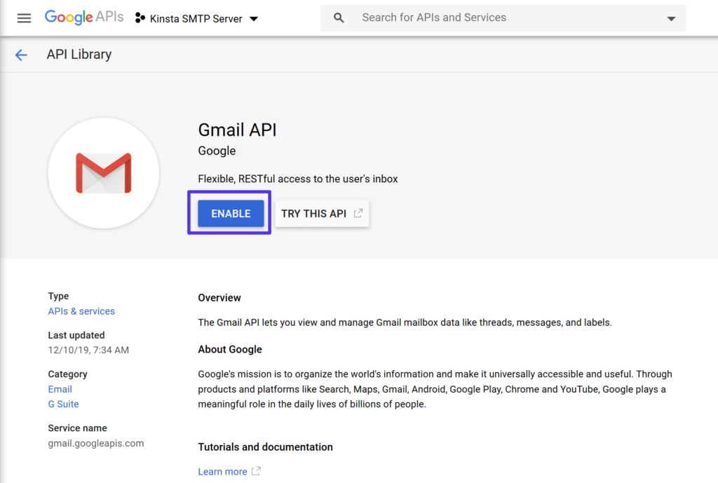 قم بتمكين واجهة برمجة تطبيقات Gmail