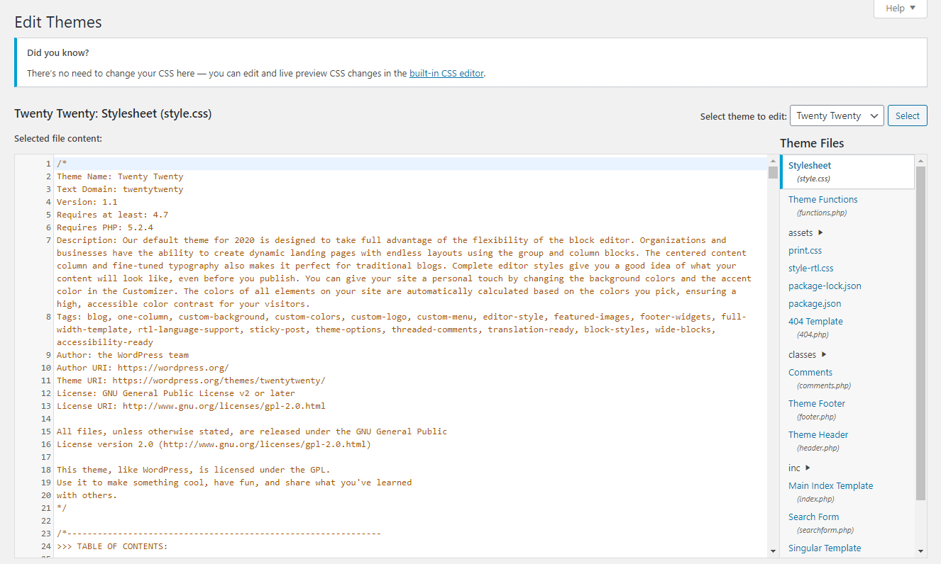 Edición de la hoja de estilo style.css en un tema de WordPress