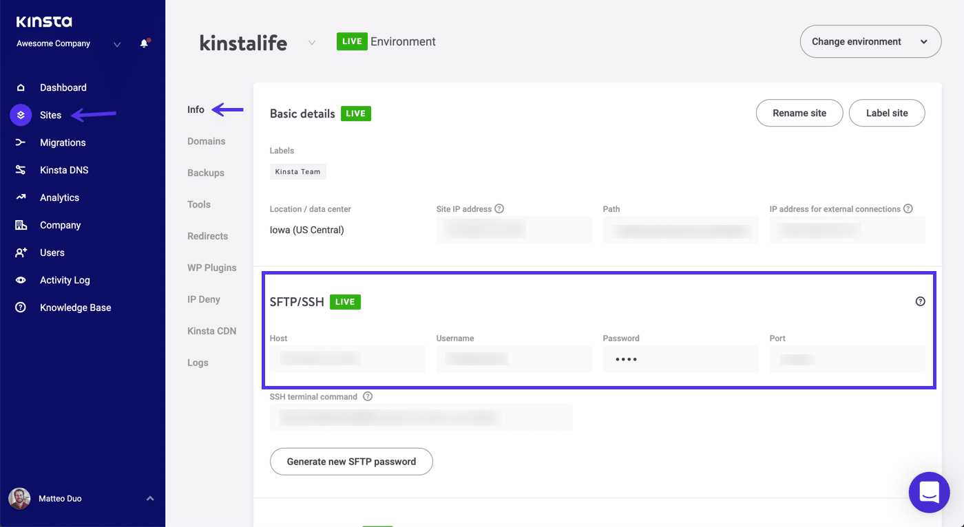 Credenciales FTP en MyKinsta