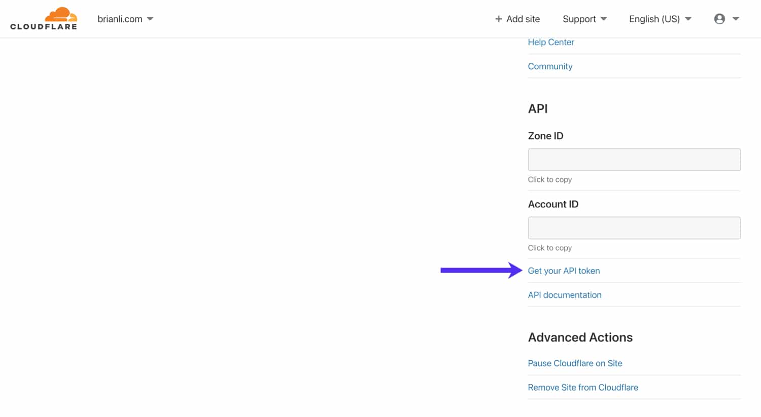 查看您的 Cloudflare 全球 API 密钥。