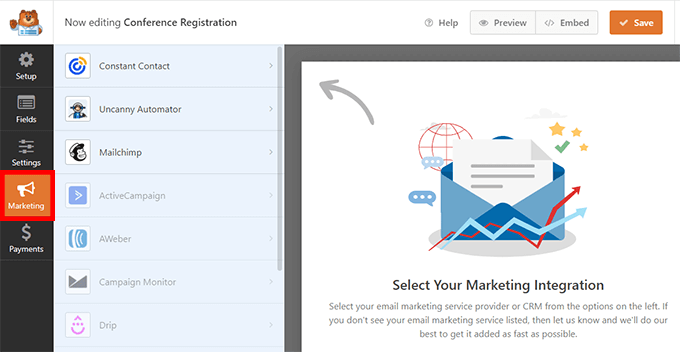 Scheda Marketing di WPForms WPForms Marketing tab
