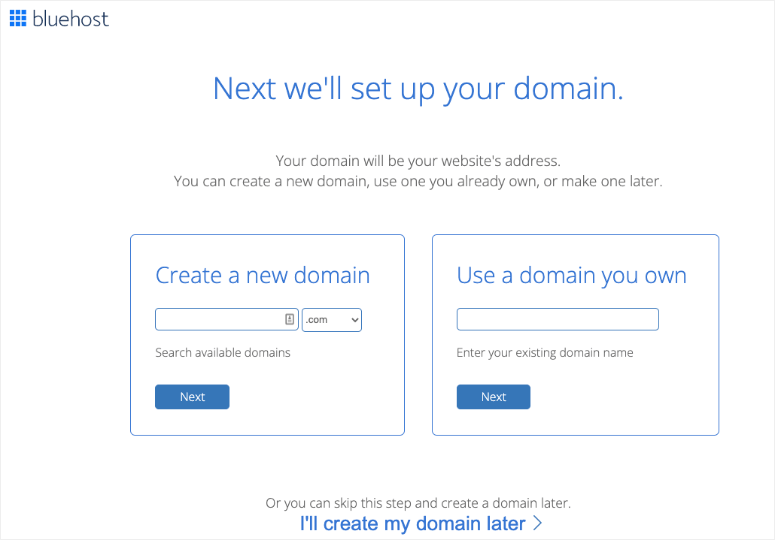 在 bluehost 中選擇一個域 - IsItWP - 免費的 WordPress 主題檢測器 select a domain in bluehost