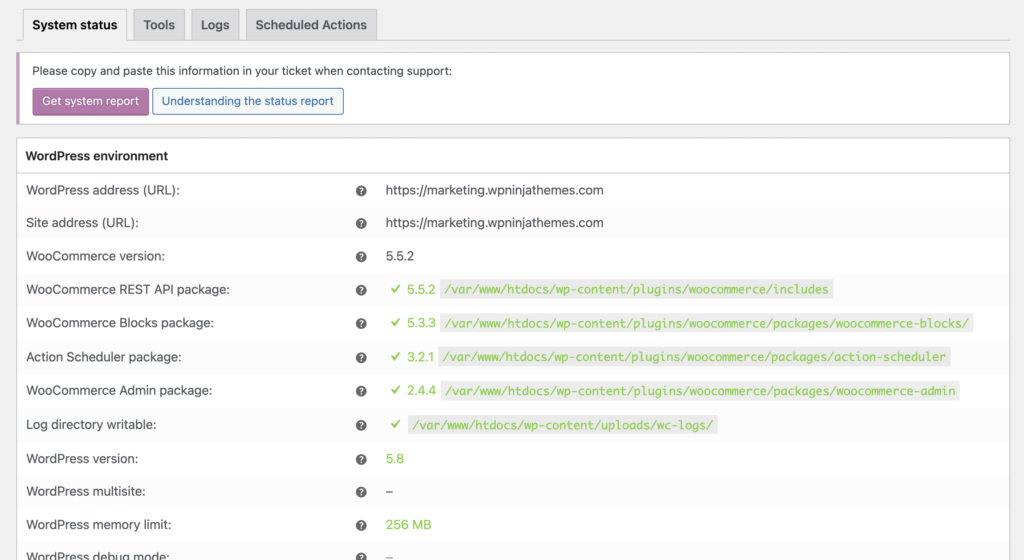 สถานะของระบบใน WooCommerce