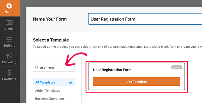 حدد قالب تسجيل المستخدم Select user registration template