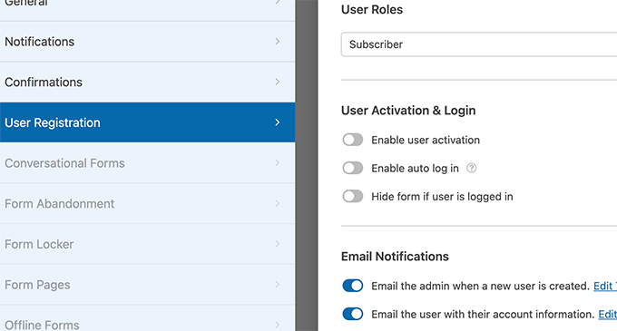 خيارات تنشيط المستخدم user activation options