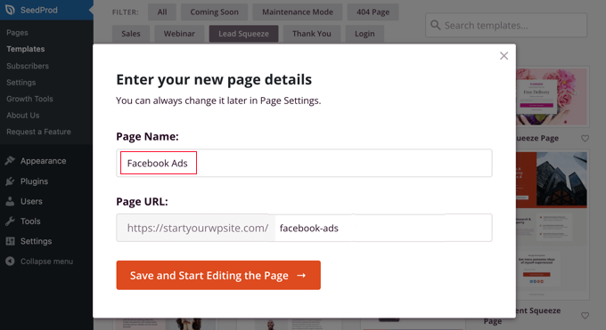 detail halaman baru facebookads Enter Your New Page Details