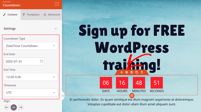 pengatur waktu facebookads Configure the Countdown Timer Block