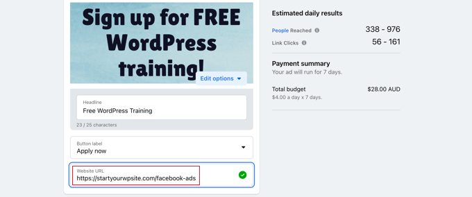 facebookadsenterurl Enter the URL to Your Landing Page