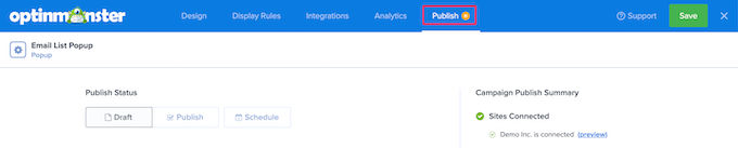 OptinMonster-Veröffentlichungsseite OptinMonster publish page