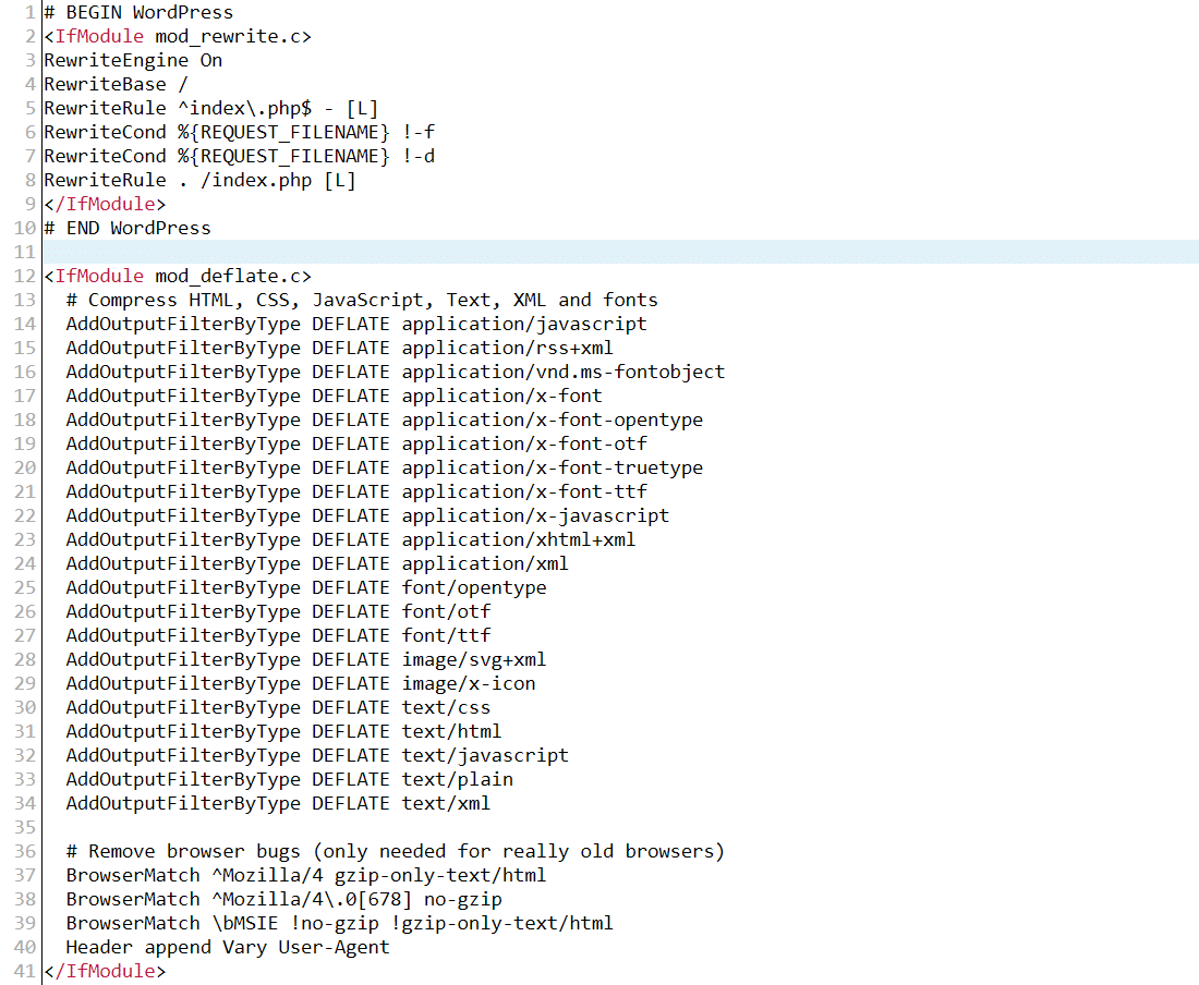 Contoh file .htaccess Apache setelah mengaktifkan kompresi GZIP