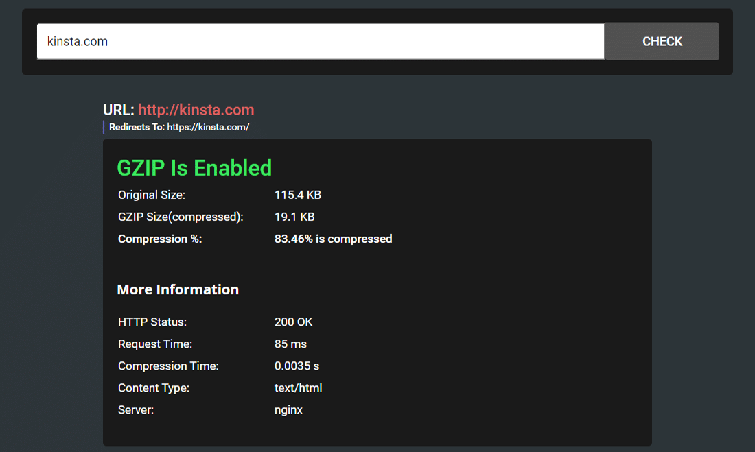 Menguji beranda Kinsta dengan alat Periksa Kompresi GZIP