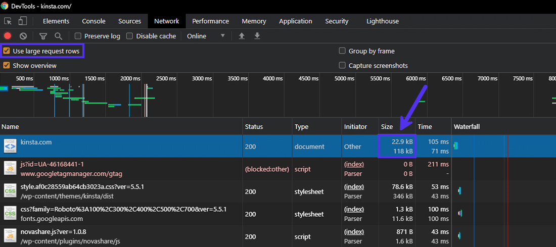 Lihat ukuran halaman terkompresi vs tidak terkompresi di Chrome Devtools