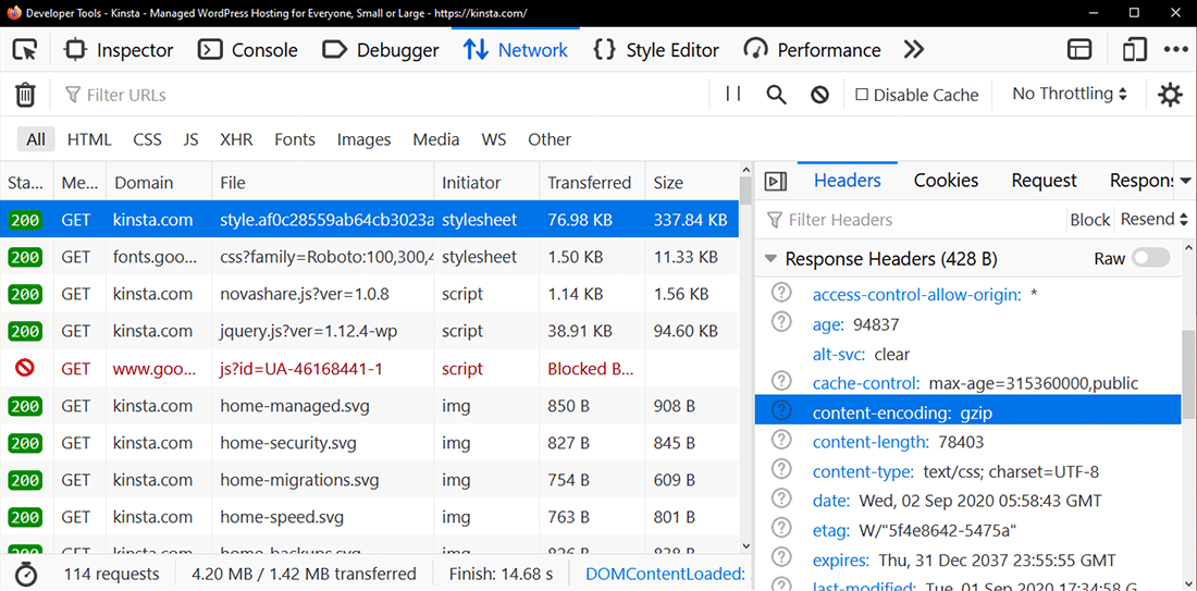 Header "pengkodean konten: gzip" di Alat Pengembang Firefox
