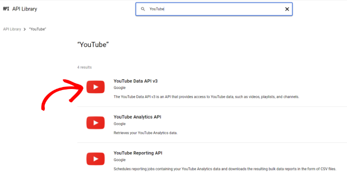 Selectați YouTube data API v3 Select YouTube data API v3