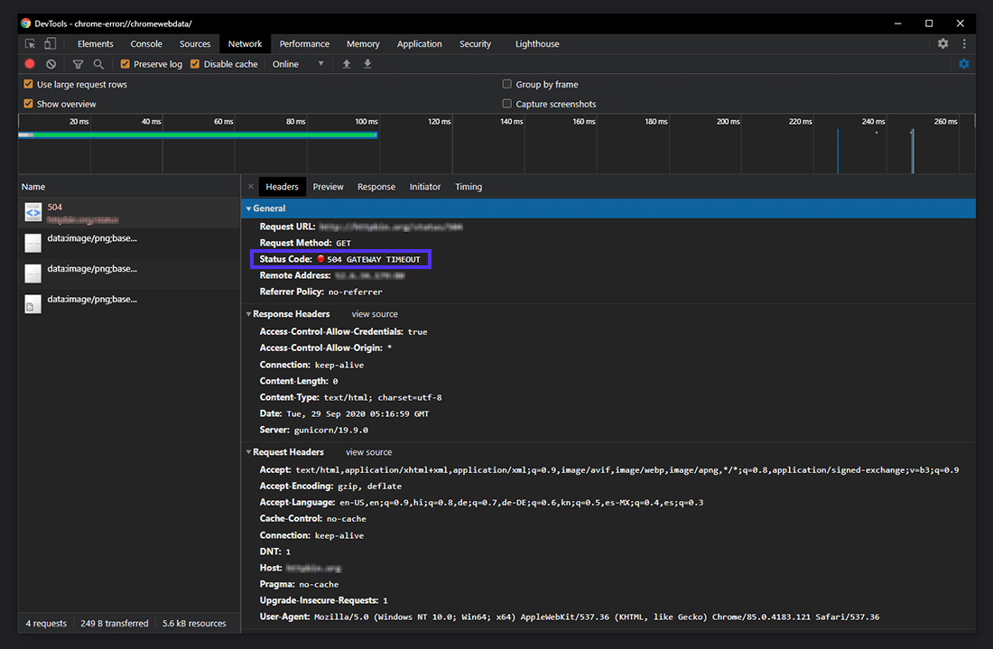 Chrome DevTools 中的 504 GATEWAY TIMEOUT 状态代码