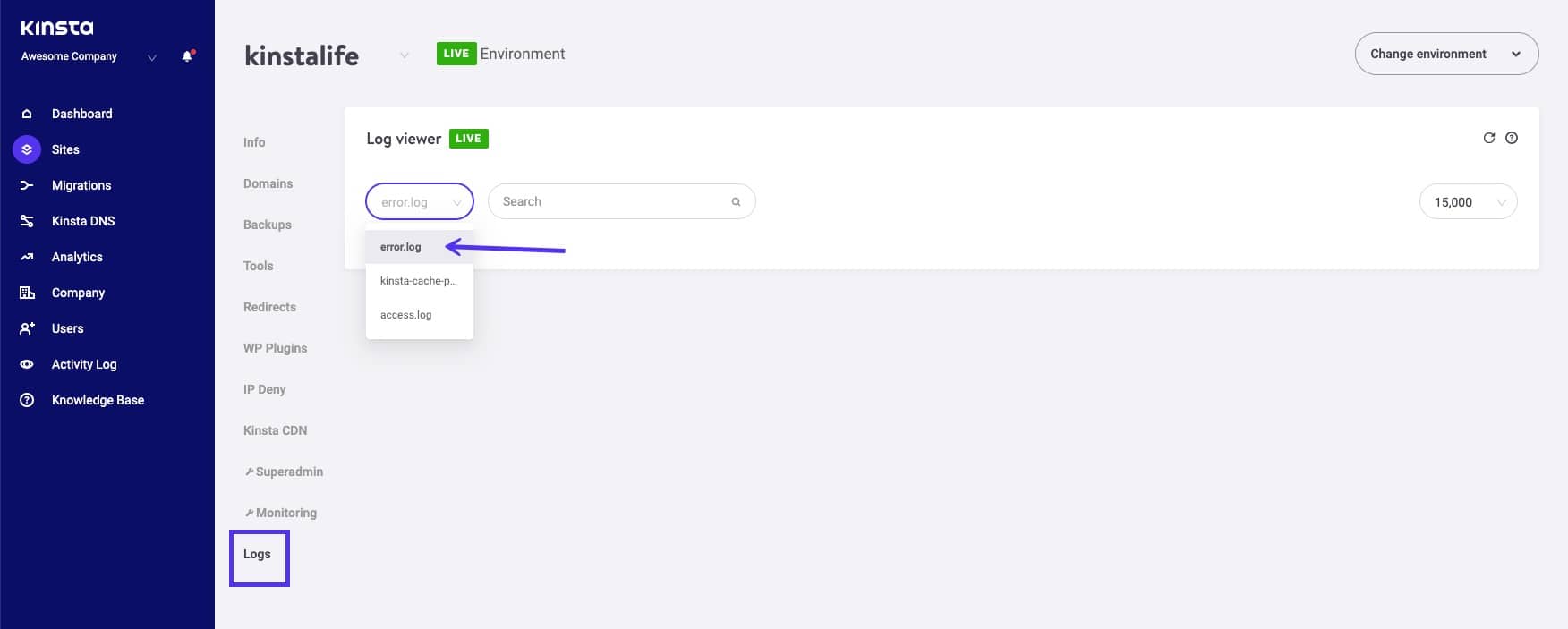 检查 MyKinsta 仪表板中的错误日志