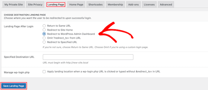 Opțiuni de redirecționare a paginii de destinație Landing page redirection options