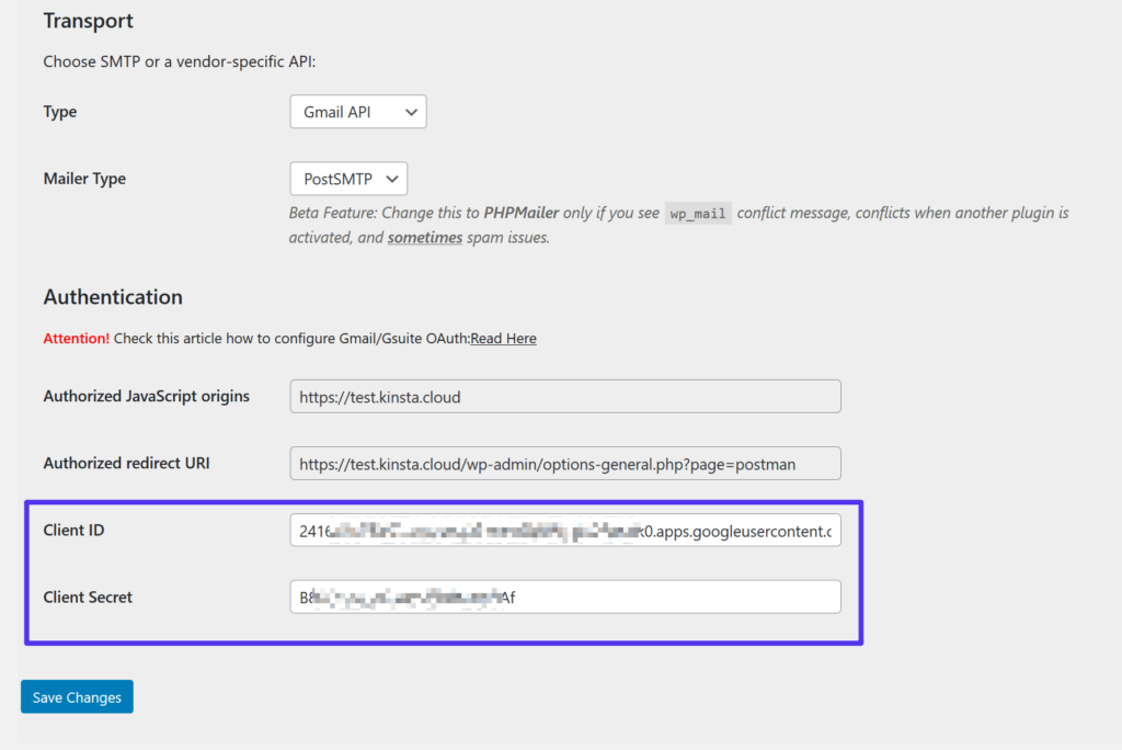 WordPress에 Gmail API 클라이언트 ID 추가