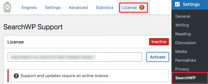 ป้อนใบอนุญาต SearchWP Enter SearchWP license