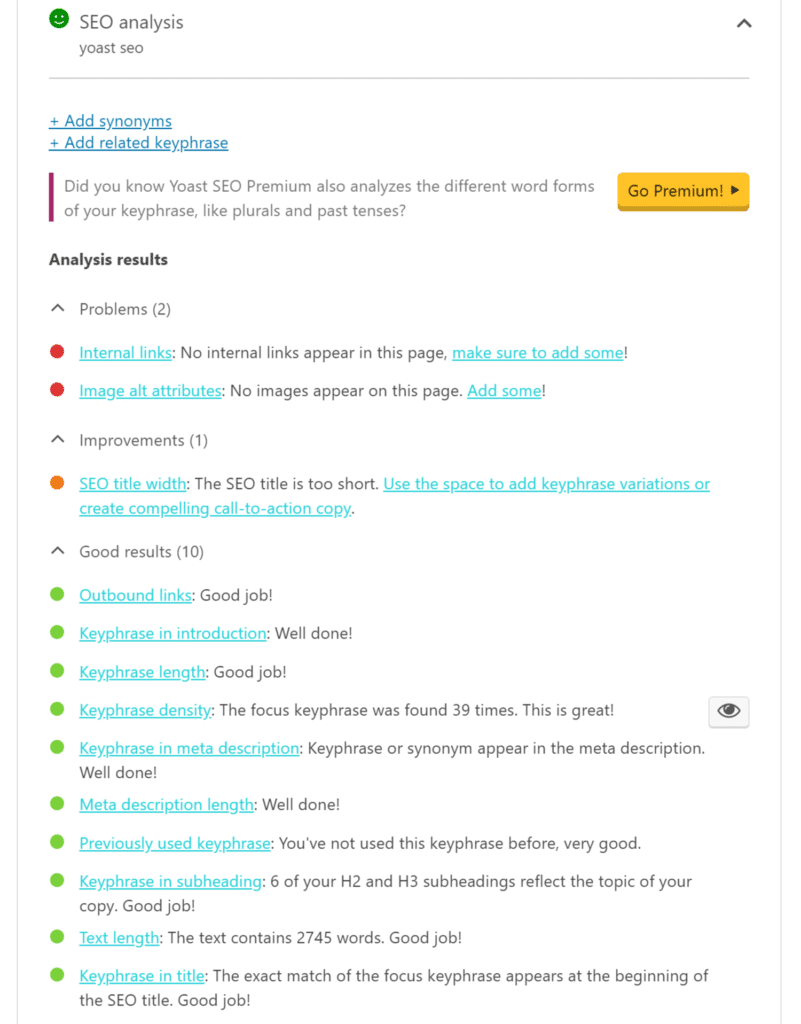 Yoast SEO 키워드 분석
