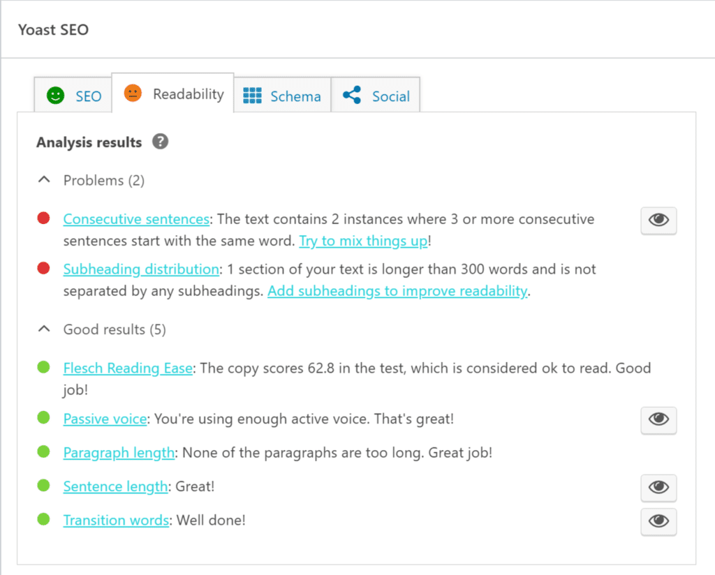 Yoast SEO 가독성 분석