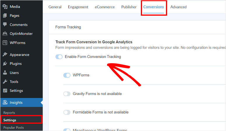 habilitar conversões de formulário - IsItWP - Detector de tema WordPress gratuito enable form conversions