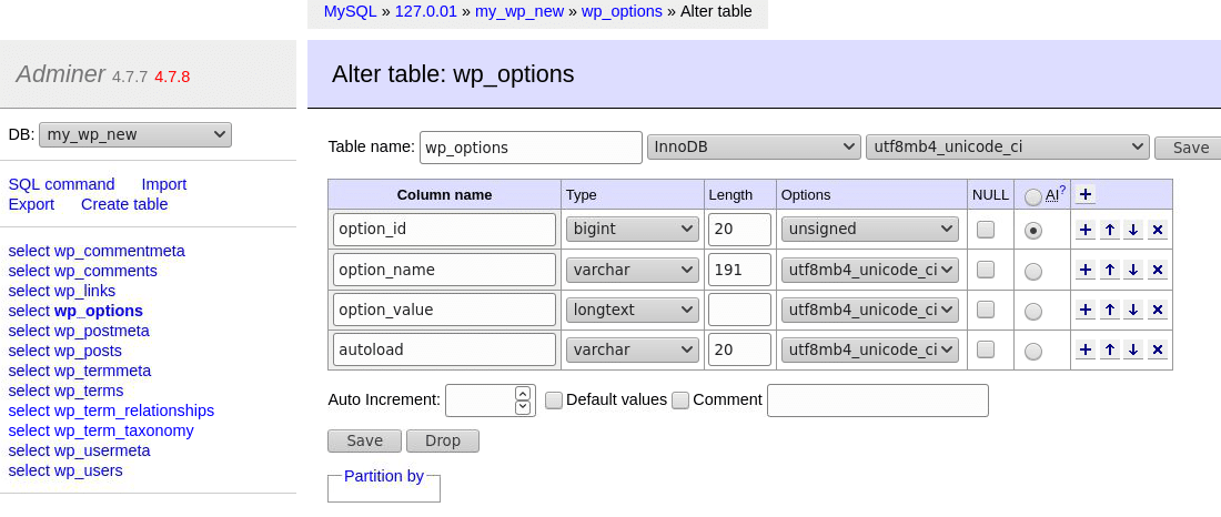 Adminerを使用してデータベースのテーブルと列を簡単に変更できます