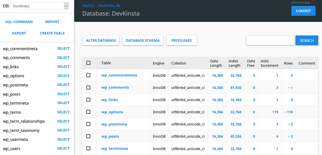 DevKinstaのデータベースマネージャーはより美しい管理者です