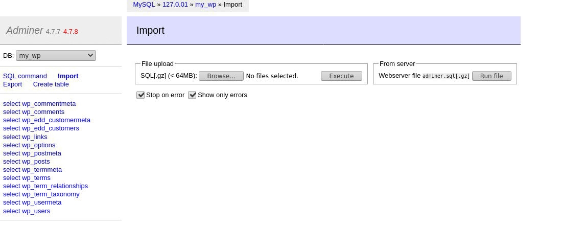 AdminerでのMySQLデータベースのインポート
