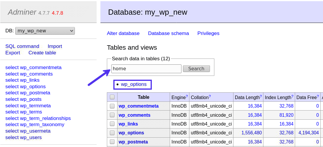 Adminerでデータベース内の用語を検索する