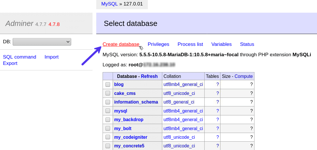 Adminerで新しいデータベースを作成する