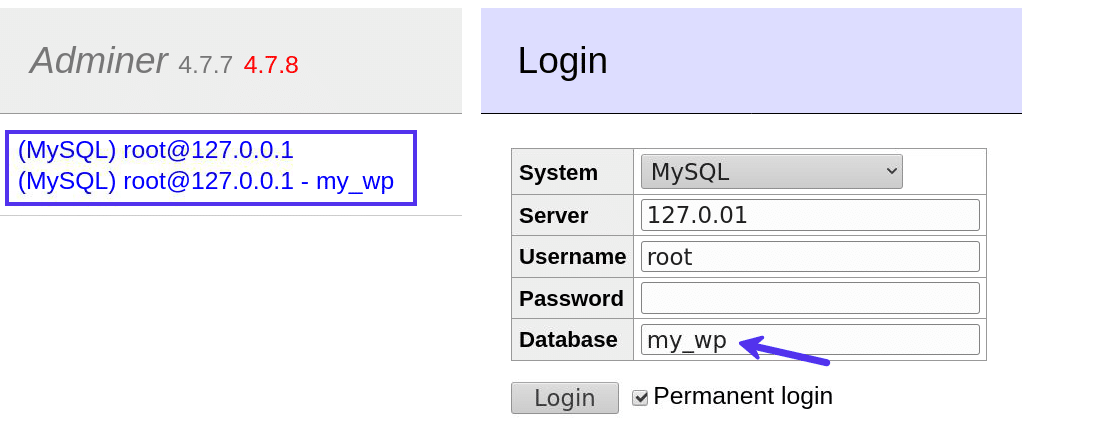 データベース名の有無にかかわらずAdminerにログインする