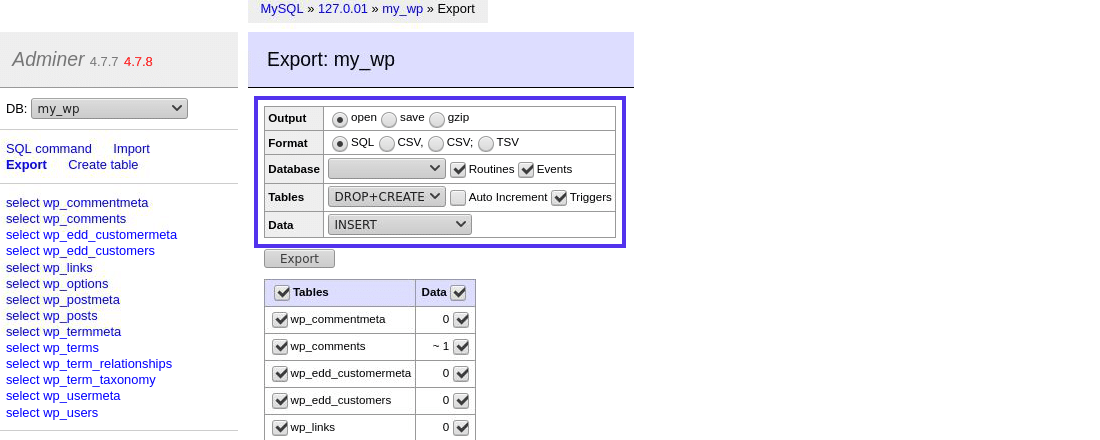 Adminerでデータベースをエクスポートする