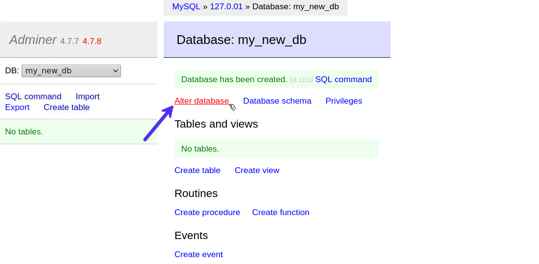 Adminerの「Alterdatabase」オプションを使用してデータベースを簡単に編集する