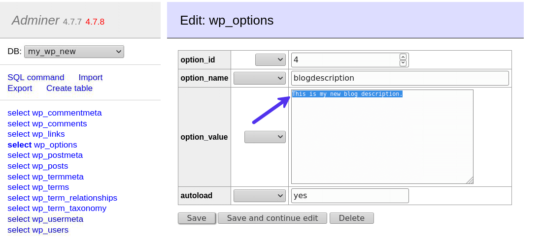 Adminerを介してWordPressサイトの説明を変更する